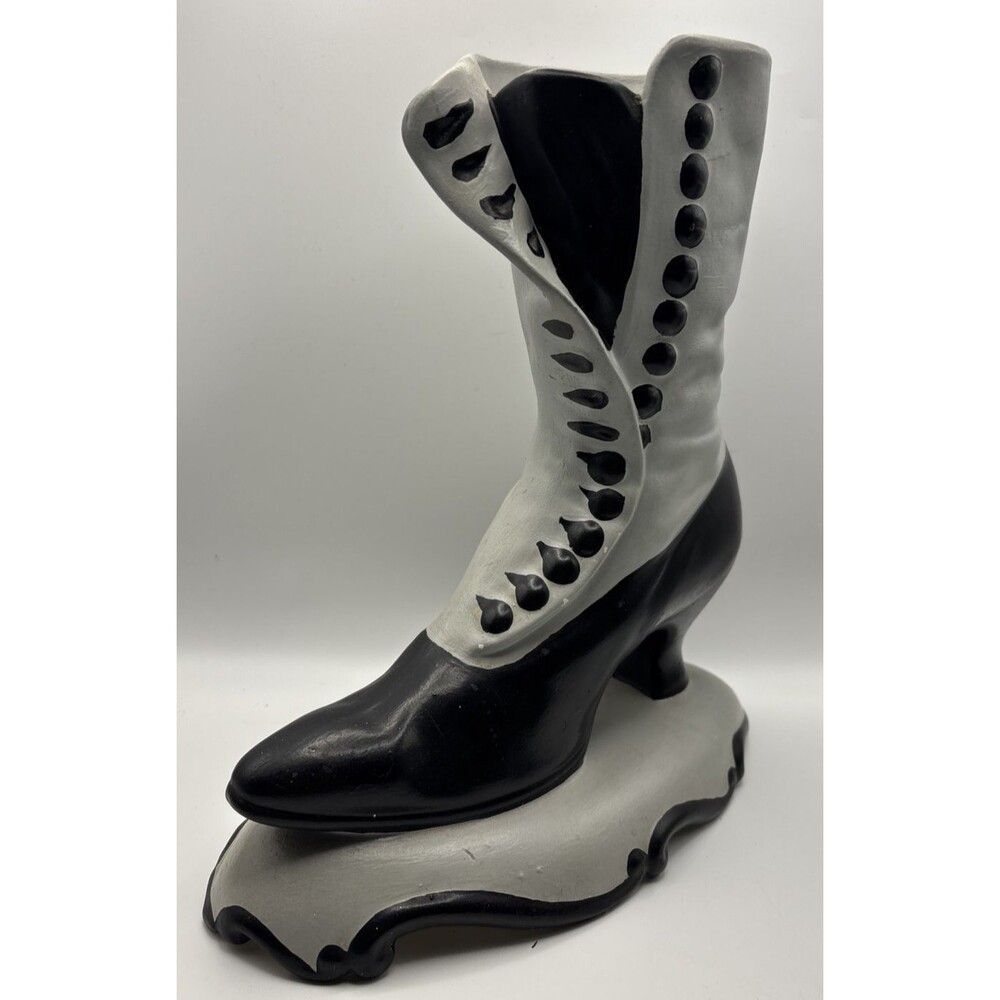 Atlantic Mold Boot/Vase Ceramic Victorian Button Gray  w/Black Accents VTG Rare